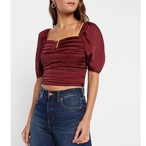 Express Burgundy Ruched Puff Sleeve Crop Top – Size Small